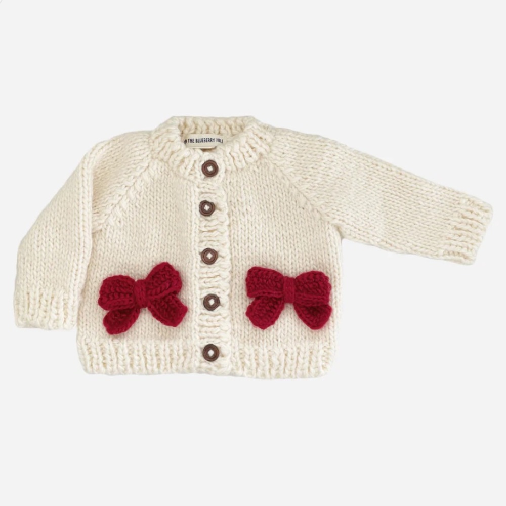 NWT The Blueberry Hill Bow Cardigan, Cream/Red, 6 - 12 Months